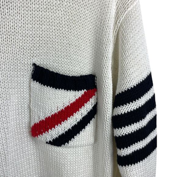 Thom Browne Cotton Jersey Pocket 4-Bar Stripe Crew Neck Sweater White Size S - Picture 5 of 8